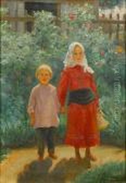 Portrait Of Two Young Children Oil Painting by Vladimir Egorovic Makovsky