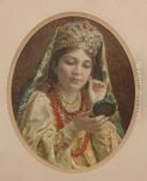 Woman Looking At Earring In Pocket Mirror Oil Painting by Vladimir Egorovic Makovsky