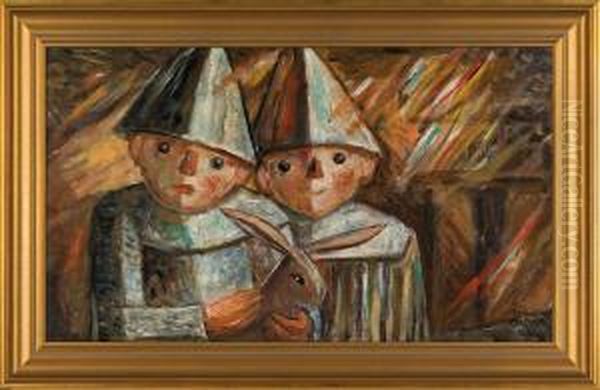 Two Children Wih Rabbit Oil Painting by Tadeusz Makowski