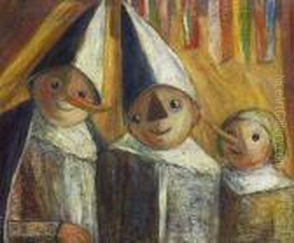 Trois Enfants Avec Drapeau Oil Painting by Tadeusz Makowski