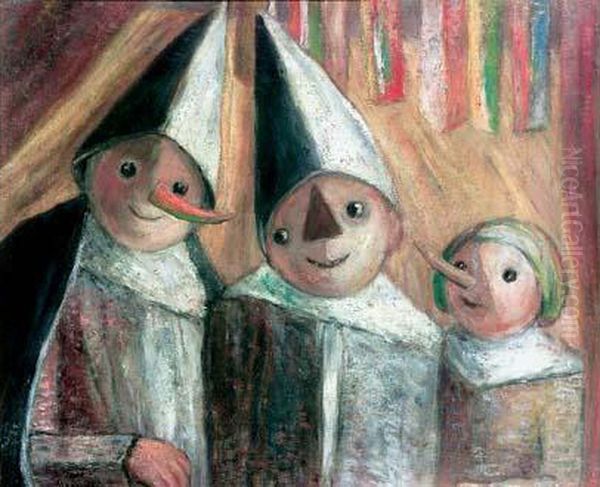 Trois Enfants Sous Les Petits Drapeaux Oil Painting by Tadeusz Makowski