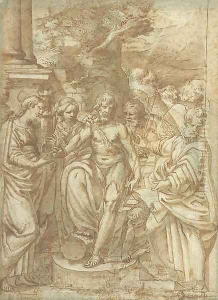 Saint John the Baptist flanked by Saint Barbara and other Saints Oil Painting by Camillo Procaccini