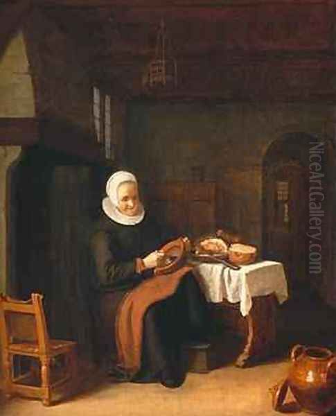 Lady seated in front of a fireplace with ham and bread on a table Oil Painting by Abraham de Pape