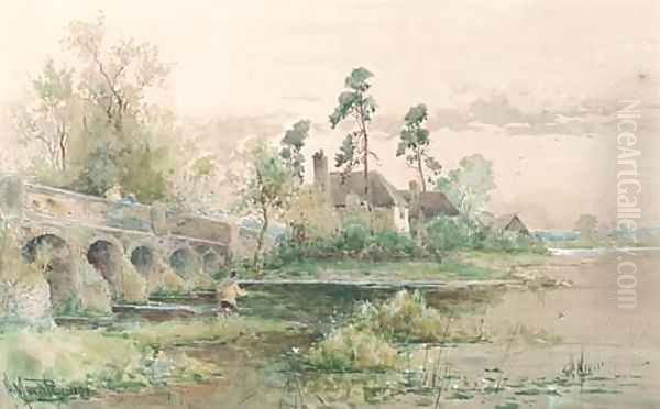 Fly fishing by a bridge Oil Painting by Henry Maurice Page