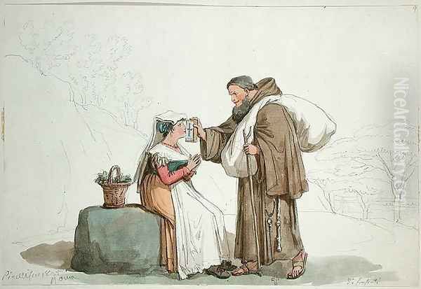 Monk offering a reliquary for a woman to kiss in Frascati, 1825 Oil Painting by Bartolomeo Pinelli