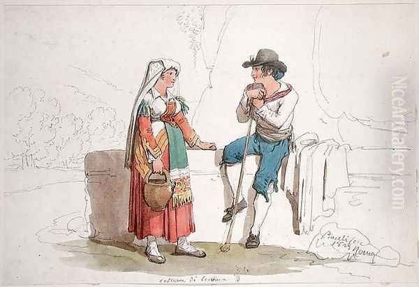 Peasant and Woman from Cervara, 1825 Oil Painting by Bartolomeo Pinelli