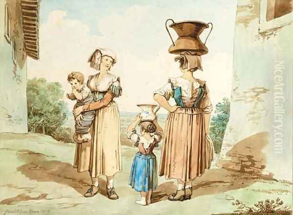 Italian peasants carrying water Oil Painting by Bartolomeo Pinelli