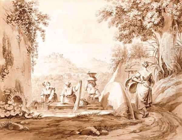 Washing place at Tivoli with the river Monticelli and Palombara Oil Painting by Bartolomeo Pinelli