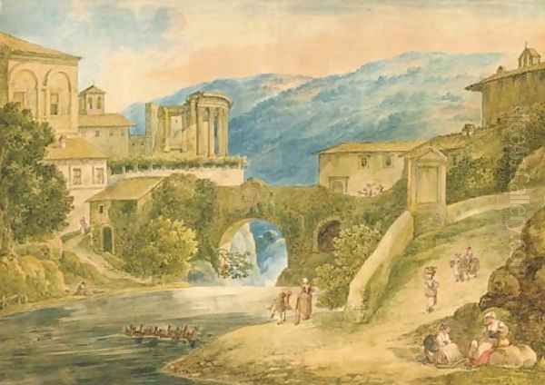 Tivoli with the Temple of Vesta, figures in the foreground Oil Painting by Bartolomeo Pinelli