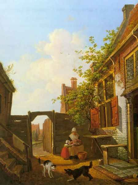 A Sunlit Courtyard with Mother and Child Peeling Vegetables Oil Painting by Francois Joseph Jr. Pfeiffer