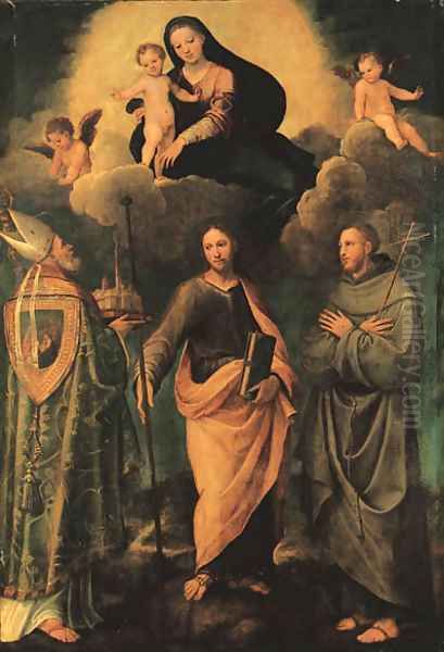 The Madonna and Child appearing to Saint Petronius of Bologna, the Apostle Saint James the Greater, and Saint Francis of Assisi Oil Painting by Biagio Pupini