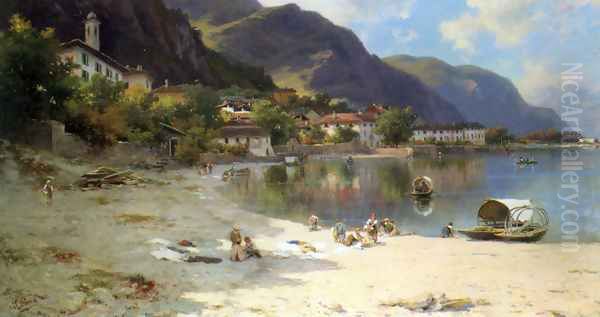 On The Shores of Lake Lecco Oil Painting by Silvio Poma