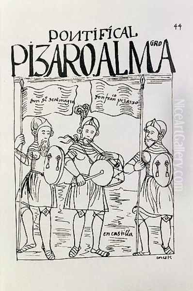 Francisco Pizarro c.1478-1541 and Diego de Almagro 1475-1538 Reconciled at Castille Oil Painting by Felipe Huaman Poma de Ayala