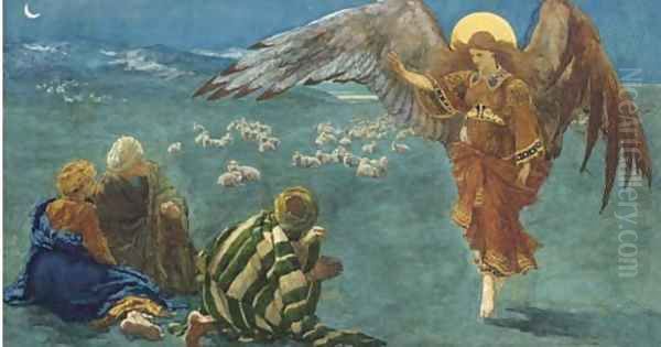 Angel Gabriel appearing to the three shepherds Oil Painting by Walter Stanley Paget