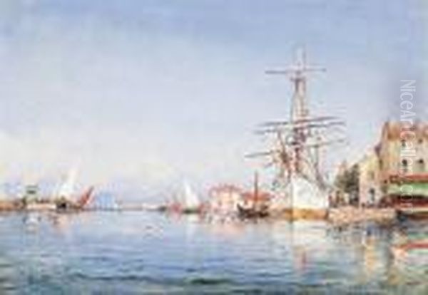 Trois Mats A Quai Dans Le Port Des Martiques Oil Painting by Charles Malfroy