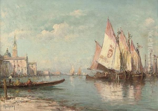 Fishing Vessels Moored Off Venice Oil Painting by Charles Malfroy