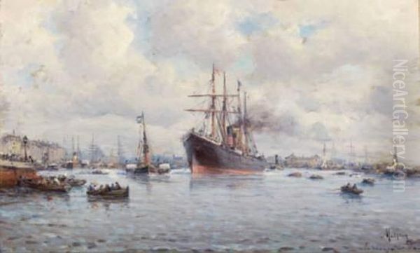 Le Normandie Sortant Du Havre Oil Painting by Charles Malfroy