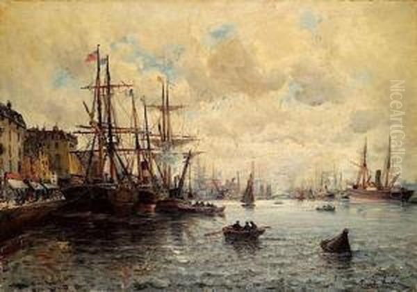 Bateaux A Quai Dans Le Port Du Havre Oil Painting by Charles Malfroy