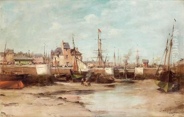 Honfleur, Le Calfatage Des Bateaux A Maree Basse Oil Painting by Charles Malfroy