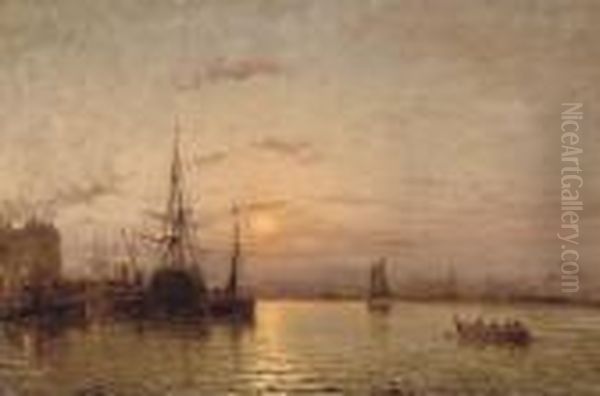 The Sun Setting Over The Harbour At Nantes Oil Painting by Charles Malfroy