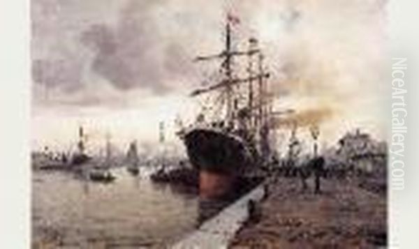 Voilier Et Navire Au Havre Bassin Vauban Oil Painting by Charles Malfroy