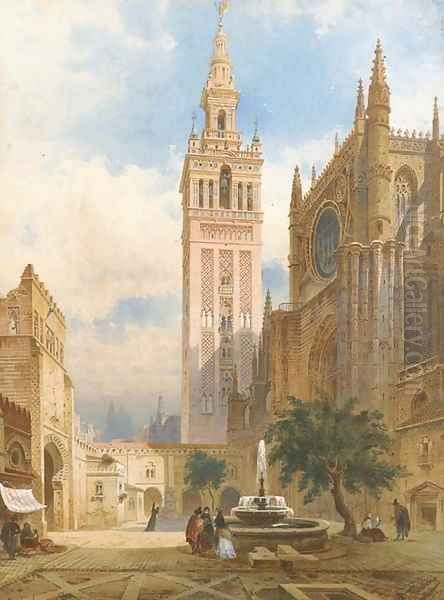 The cathedral and Giralda Tower, Sevilla Oil Painting by Friedrich Perlberg