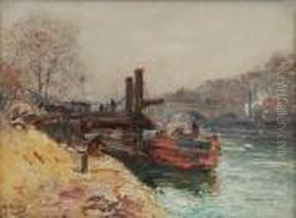 Peniche Au Bord De La Seine. Oil Painting by Henri Malfroy