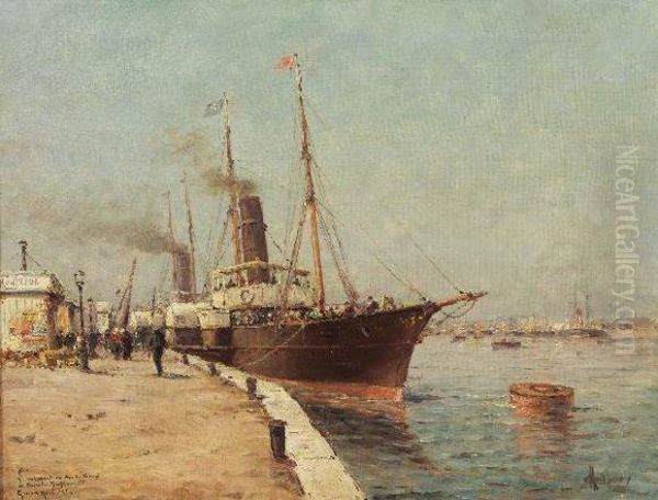 Navire A Honfleur Oil Painting by Henri Malfroy