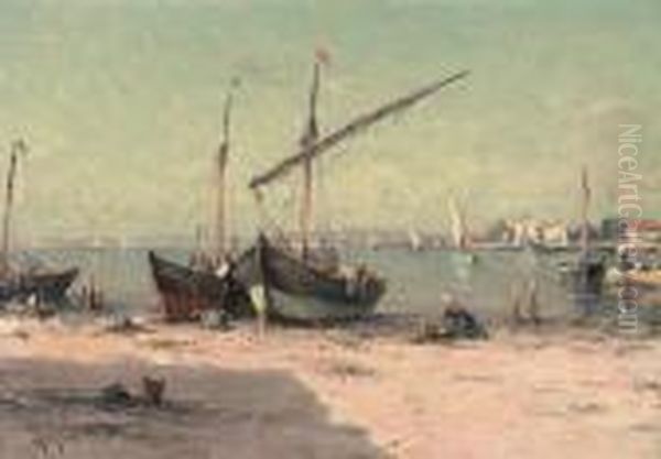 A French Fishing Village Oil Painting by Henri Malfroy