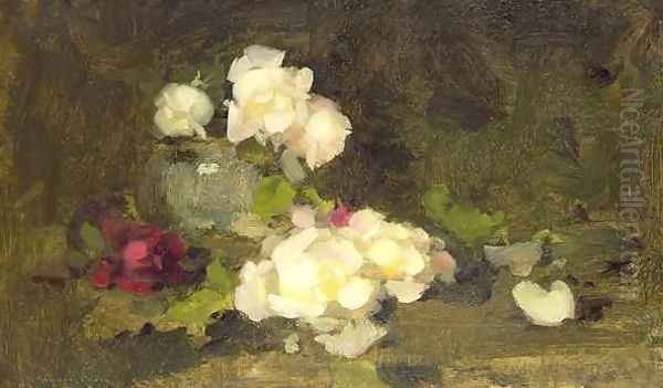 Still life of yellow and red roses in a green vase Oil Painting by James Stuart Park