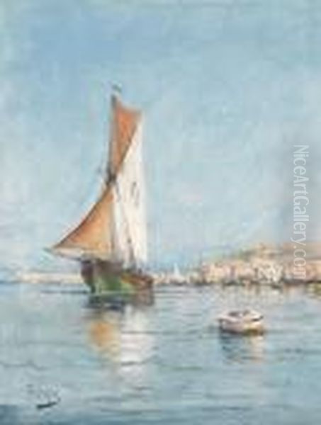 Sudfranzosische Hafenpartie Mit Segelboot. Oil Painting by Henri Malfroy