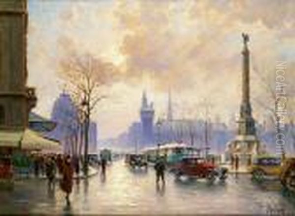 Paris, La Conciergerie Vue De La Place Du Chatelet Oil Painting by Henri Malfroy