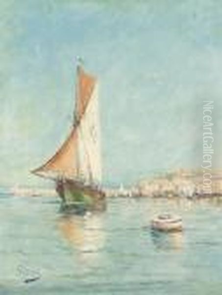 Auslaufendes Fischerboot Vor Sudlicher Hafenstadt. Oil Painting by Henri Malfroy