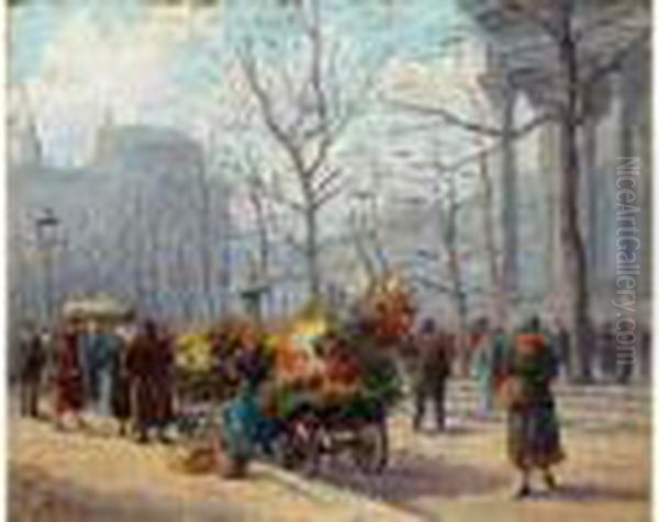 Marchand De Fleurs, Place De La Madeleine Oil Painting by Henri Malfroy