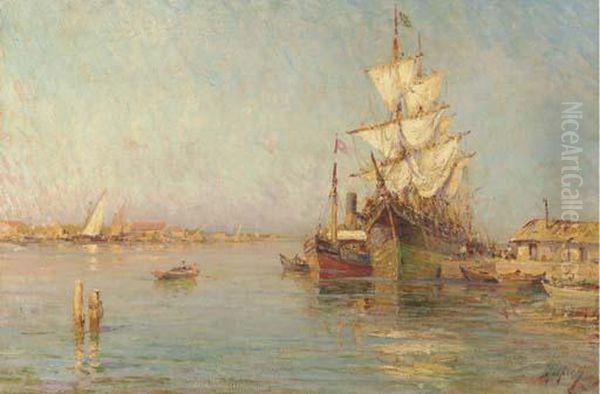 A Mediterranean Port Oil Painting by Henri Malfroy