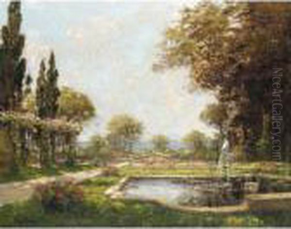 Fountain In A Summer Garden Oil Painting by Henri Malfroy