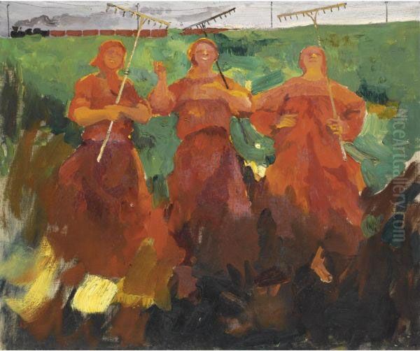 Three Peasants With Rakes Oil Painting by Philippe Andreevitch Maliavine