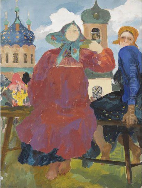 Russian Peasant Women By A Church Oil Painting by Philippe Andreevitch Maliavine