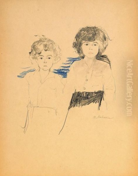 Portrait Sketch Of Two Children Oil Painting by Philippe Andreevitch Maliavine