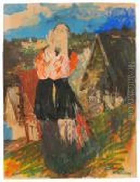 Peasant Woman In A Landscape Oil Painting by Philippe Andreevitch Maliavine