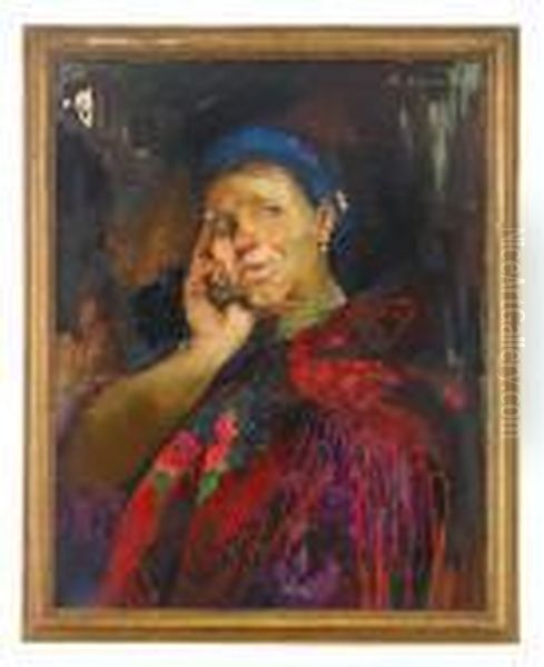 Portrait Of A Peasant Woman In Embroidered Shawl Oil Painting by Philippe Andreevitch Maliavine