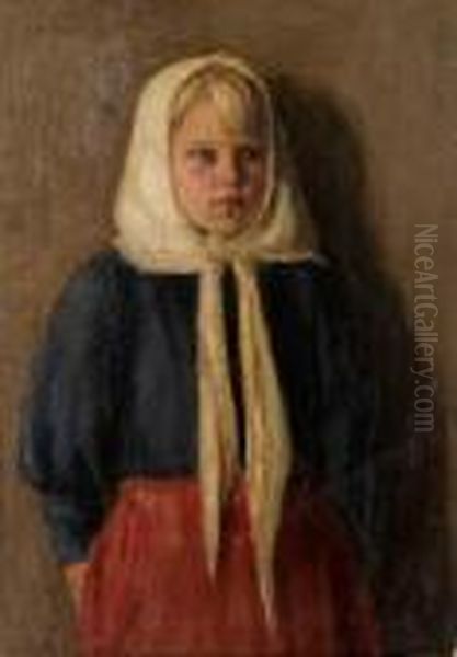 A Peasant Girl Wearing A White Scarf Oil Painting by Philippe Andreevitch Maliavine