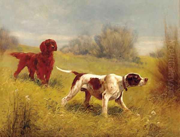 A pointer and a setter on the scent Oil Painting by Eugene Petit