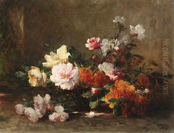 Still life with peonies and roses Oil Painting by Eugene Petit