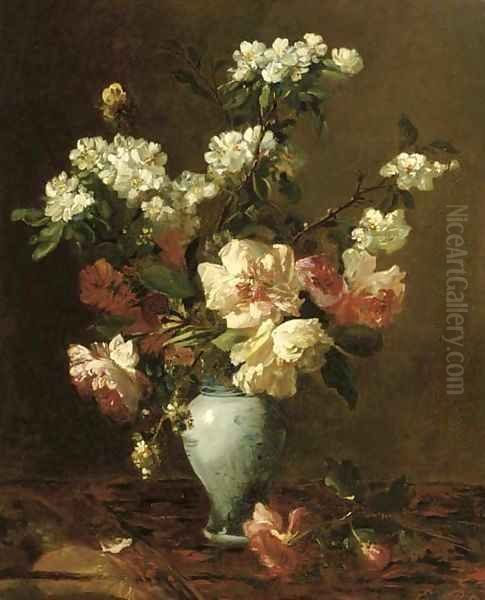 Blossom branches and peonies in a vase Oil Painting by Eugene Petit