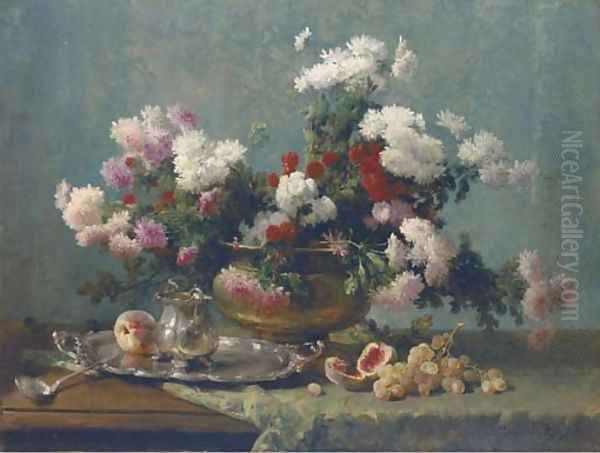 Chrysanthemums in a brass urn, and a silver tray and jug on a draped table Oil Painting by Eugene Petit