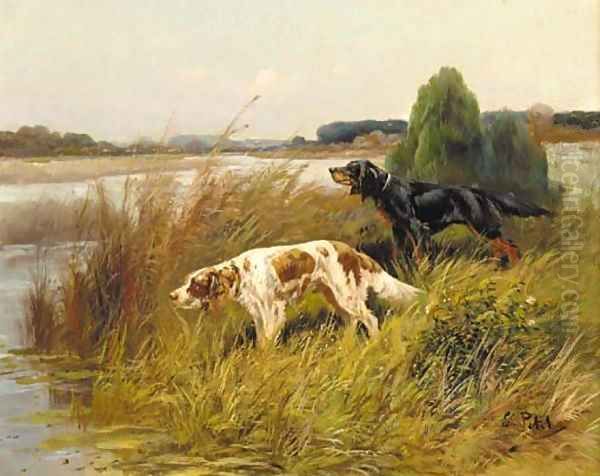 Pointers by the edge of a lake Oil Painting by Eugene Petit