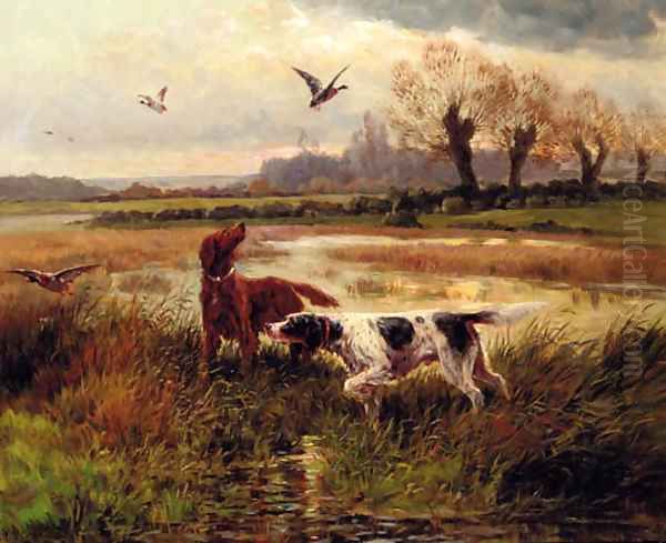 Setters flushing out ducks Oil Painting by Eugene Petit