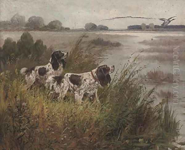 Spaniels hunting duck Oil Painting by Eugene Petit