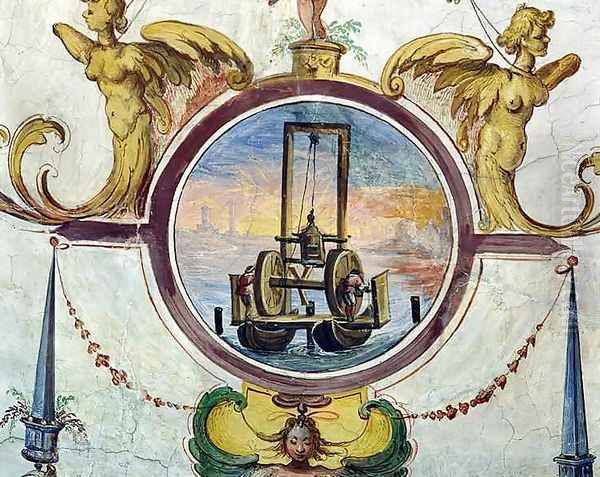 Large pontoon with a device to thrust stakes into the sea-bed, Stanza della Mattematica, 1587-1609 Oil Painting by Giulio Parigi